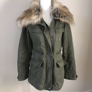New York & Company Olive Cargo Faux Fur Cargo Pocket Coat waist zipper detail